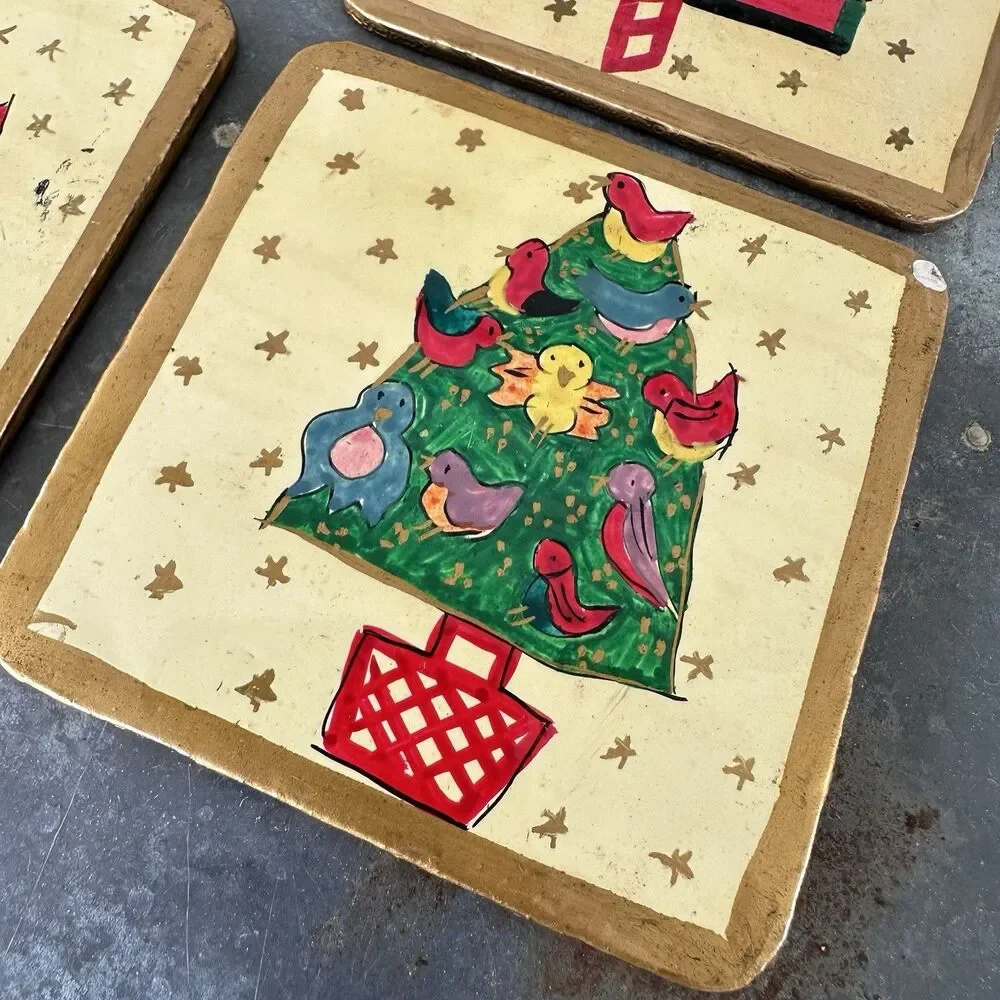 VTG Foreside Christmas Birdhouse Tree Coasters Set 6 Papier Mache Square W/ Box